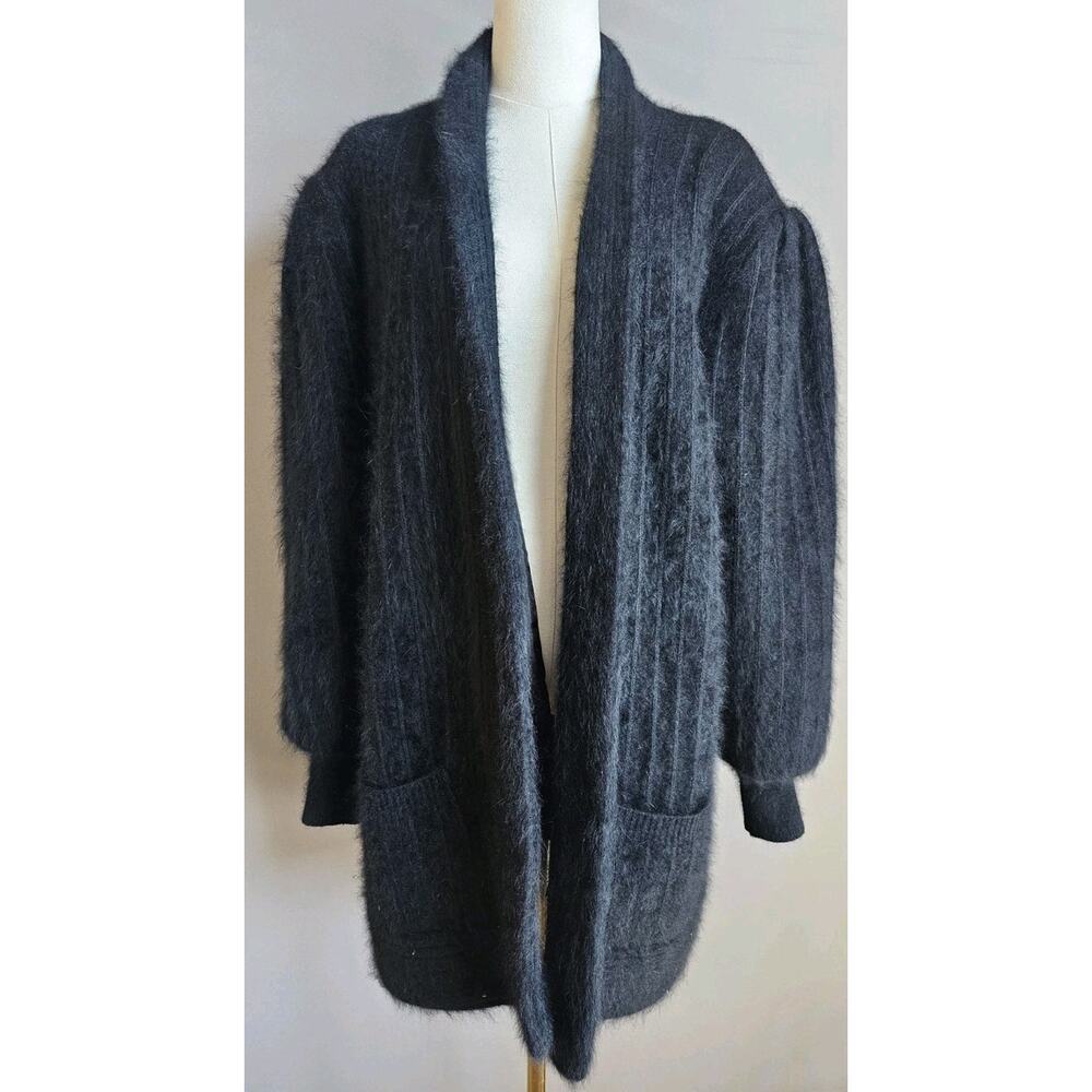 Vintage Imago Black Angora Blend Fuzzy Cardigan Overcoat Jacket SZ M Korean Goth